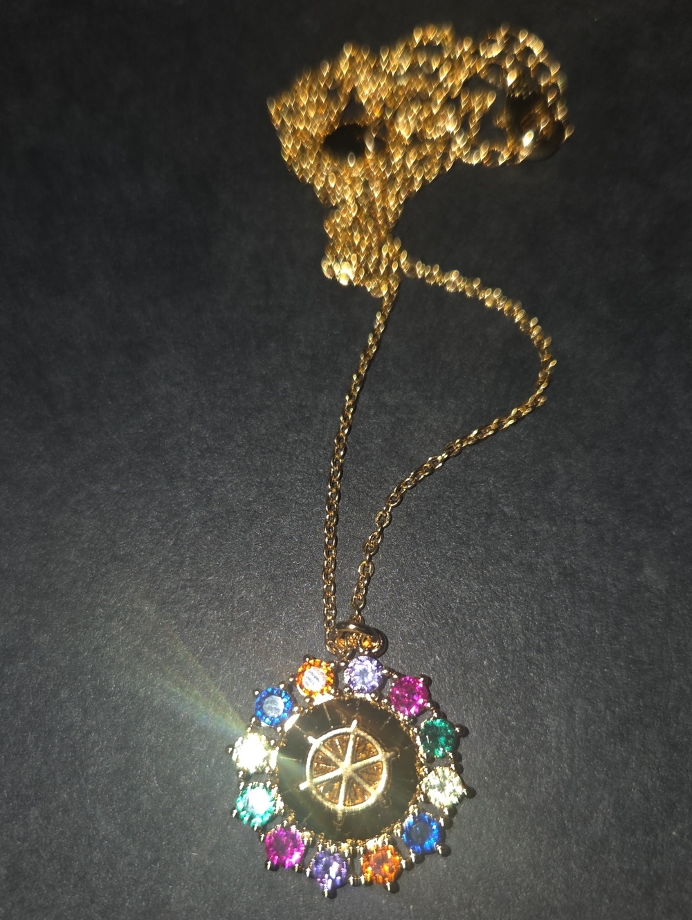 Gold Multi-Color Gem Wheel Pendant Necklace